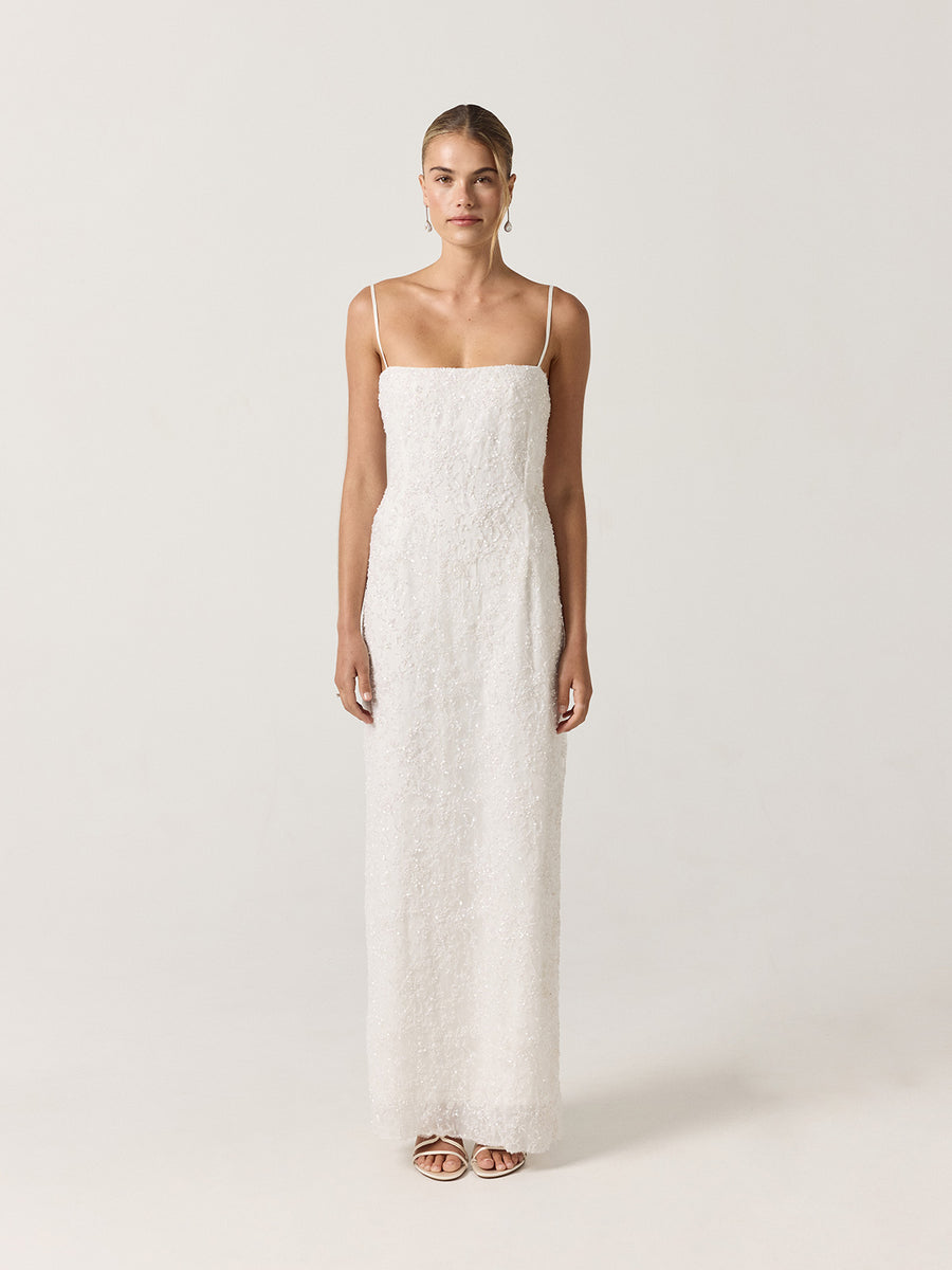 Audrey Dress — long embroidered bridal second dress with thin straps