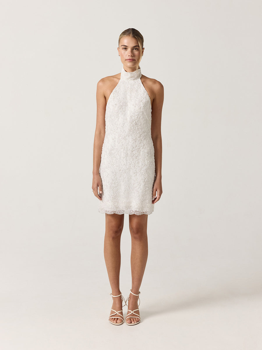 Sophie Dress — halter neck bridal second dress in embroidered white fabric
